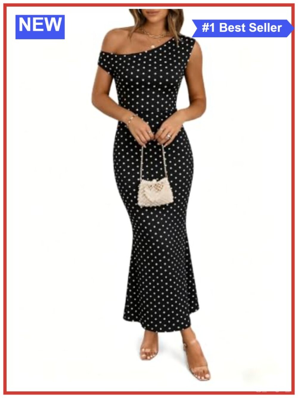 One Shoulder Polka Dot Maxi Dress Sleeveless Slim Fit Bodycon